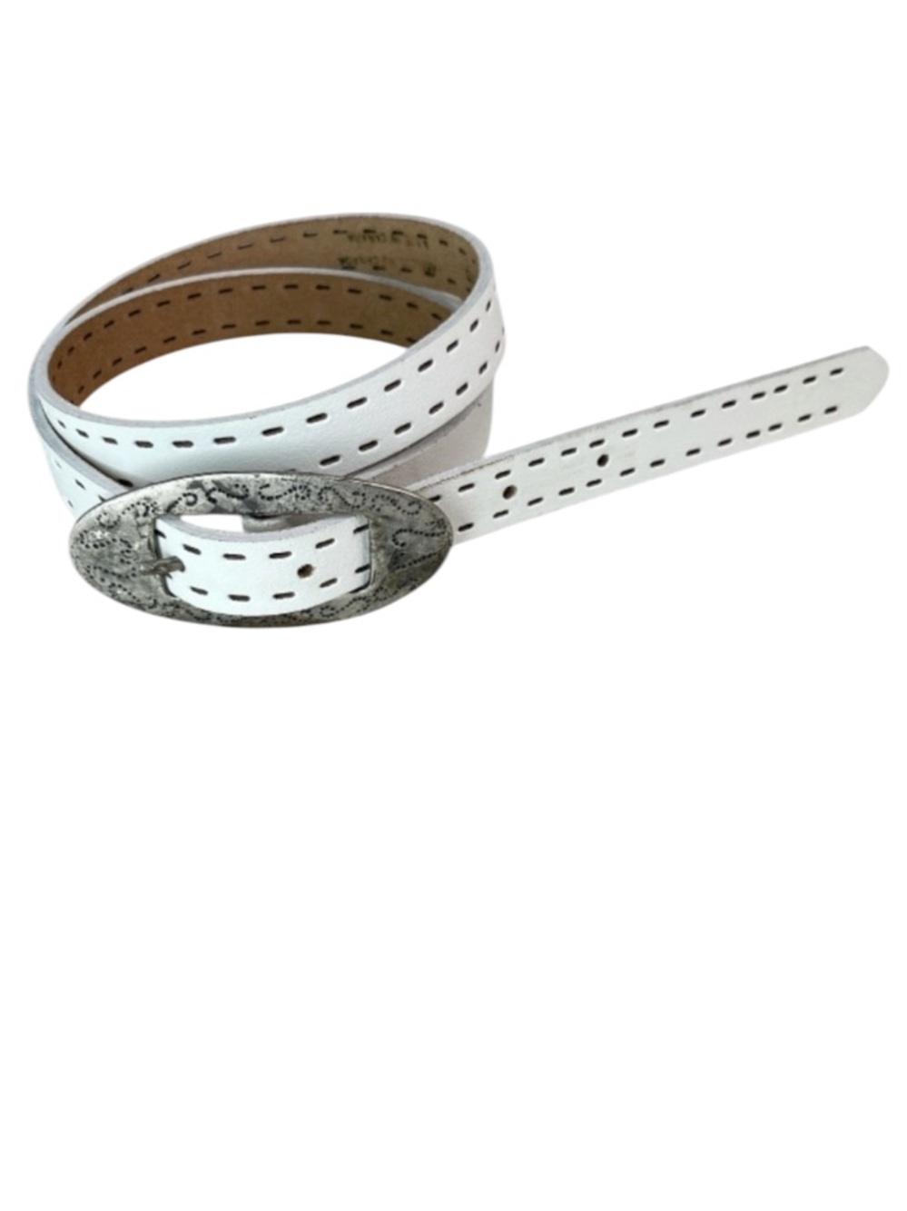 Vintage Virmillon Perforated Leather Belt White Western Silver Buckle Canada S